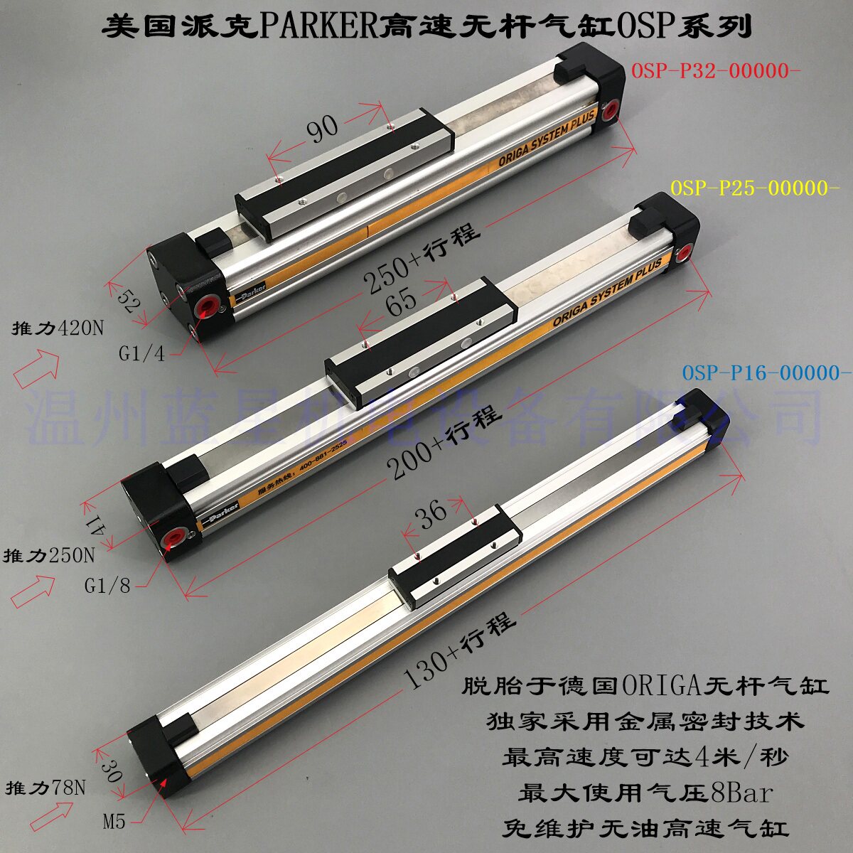 美国派克PARKER无杆气缸OSP-P25-100 200 400 500 1000 1200 1500