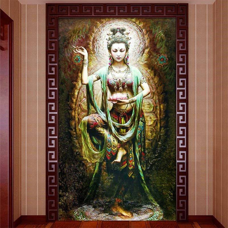 室厅玄关壁画墙纸敦煌飞天仙女3D5D8D晶背雕景茶客壁纸定制