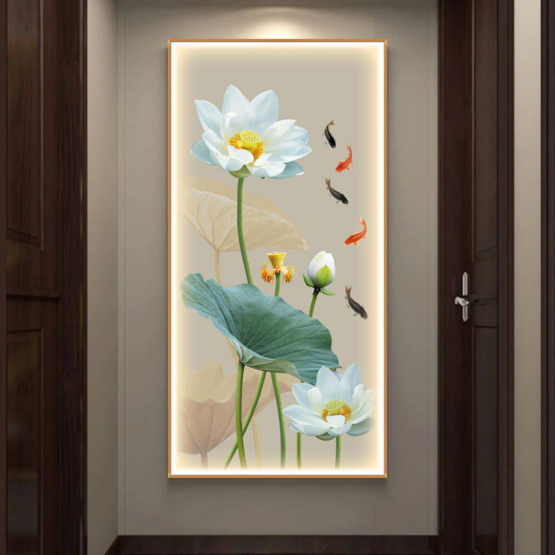 荷花玄关装饰室 莲花LED带灯画入户新中墙客厅茶画走廊背景式挂画