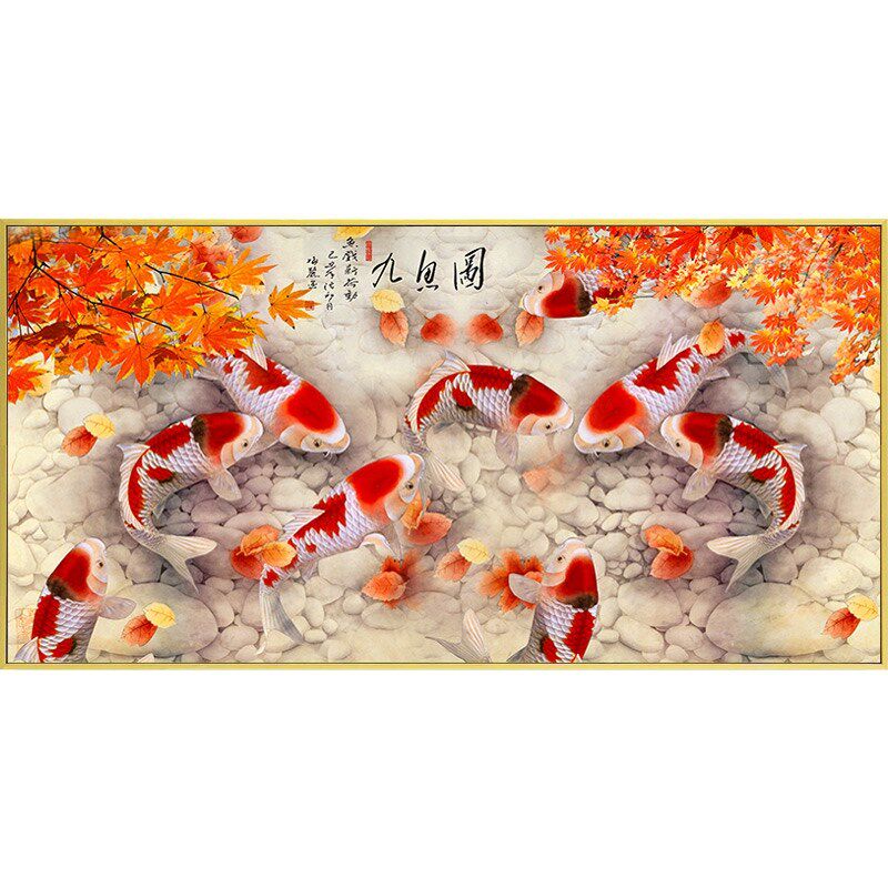 网红沙发背景墙挂画油画九鱼图横版装饰画一整幅聚财晶瓷画新中式