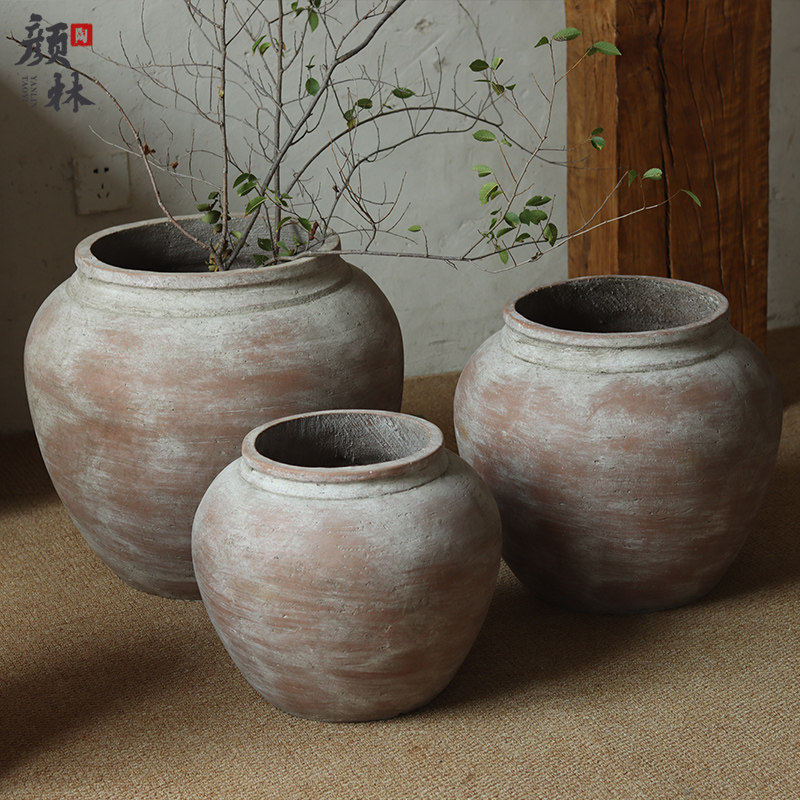 复古水泥花盆侘寂风绿植花盆摆件大肚圆坛罐酒店民宿装饰仿古罐子