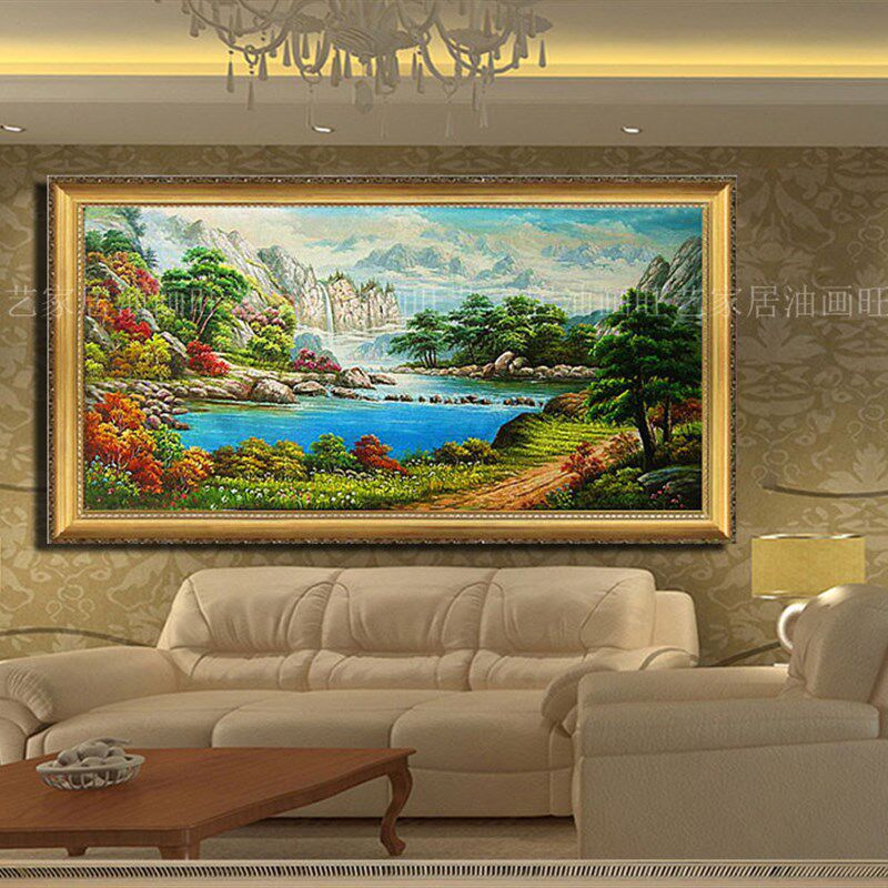 客厅装饰画纯手绘欧式山水风景聚宝盆挂壁画沙发过道横版