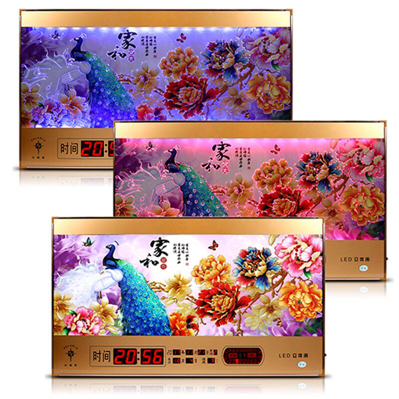 万年历电子钟表3D北极星超薄彩雕装饰画风景壁挂客厅闹钟新款创意