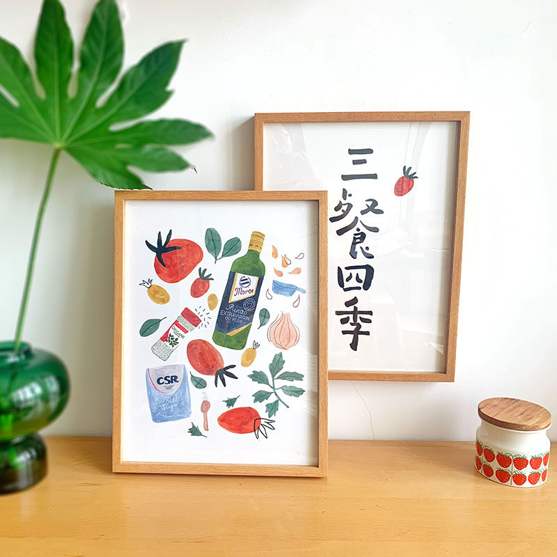 三餐四季厨房装饰画原木风文字挂画饭厅精致有框画北欧画实木相框