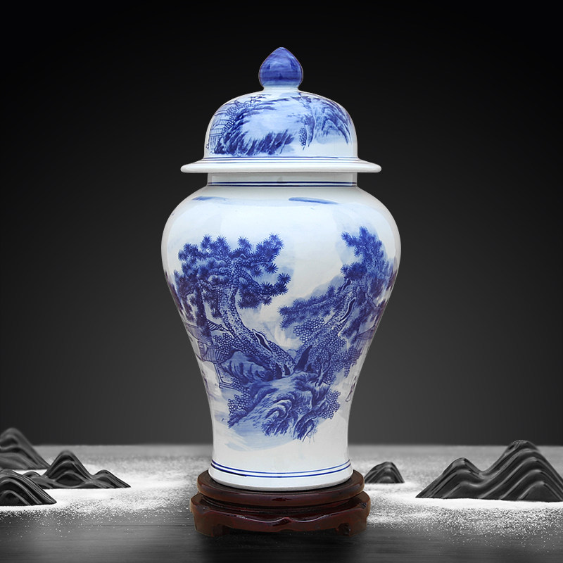 景德镇陶瓷器青花瓷将军罐青花山水纹居家装饰品客厅摆件储物罐
