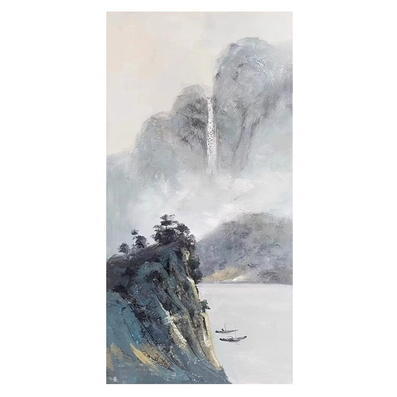 大芬村纯手绘油画新中式山水风景抽象客厅装饰画玄关过道竖版挂画