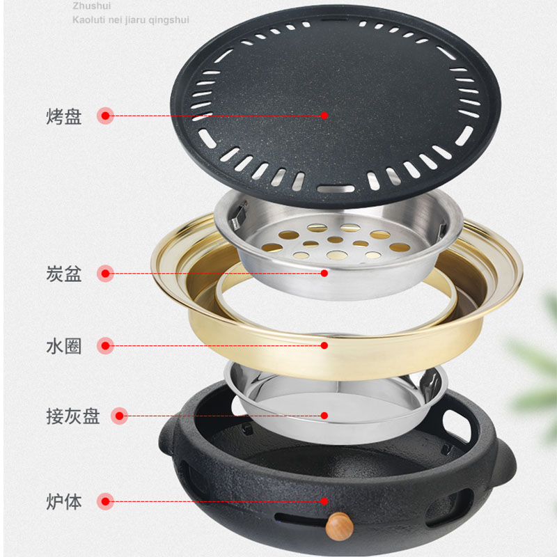 韩式烤肉木碳烧烤炉铸铁炭火炉上排烟台上盆商用韩金色木炭烧肉锅
