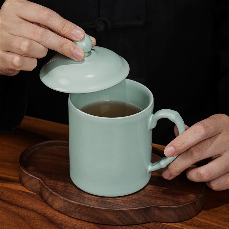 汝窑茶杯家用开片泡茶杯陶瓷带盖大号水杯个人办公会议杯青瓷礼品
