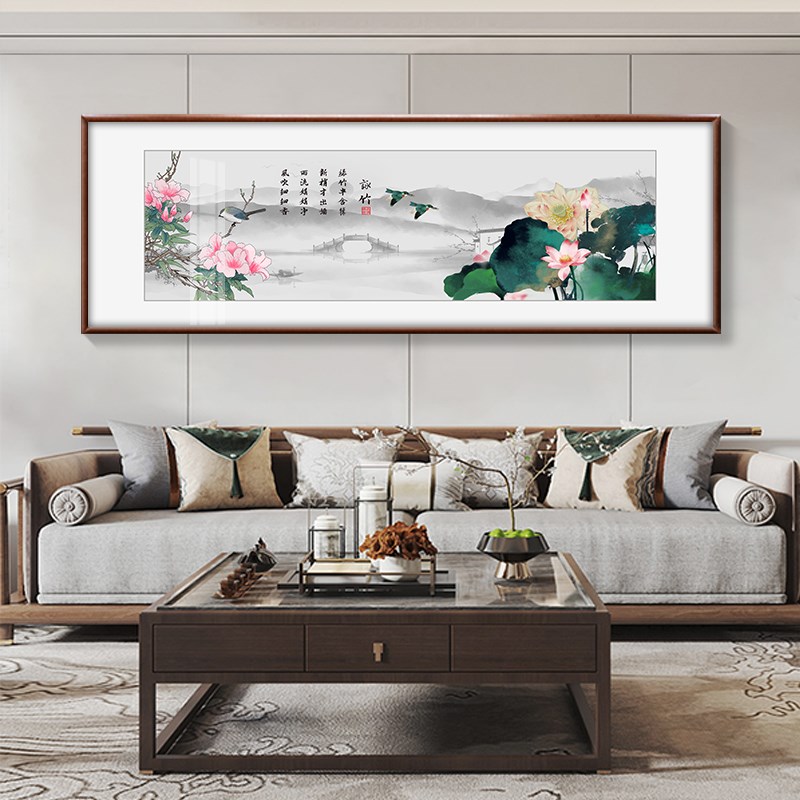 花鸟装饰画新中式客厅卧室横幅挂画寓意好的酒店房间床头实木框画