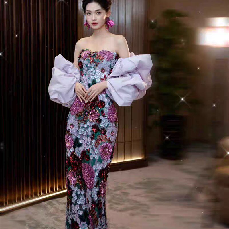 鱼尾晚礼服2024新款轻奢小众高端晨袍敬酒服新娘紫色宴会礼服裙女