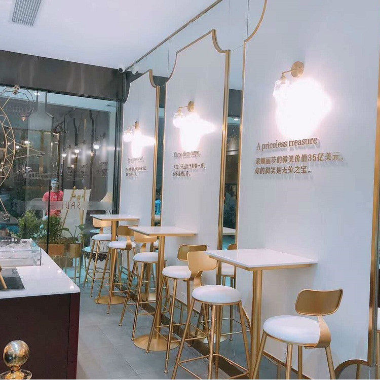 北欧吧台桌椅组合大理石简约吧椅创意奶茶店正方桌酒吧桌高脚桌子