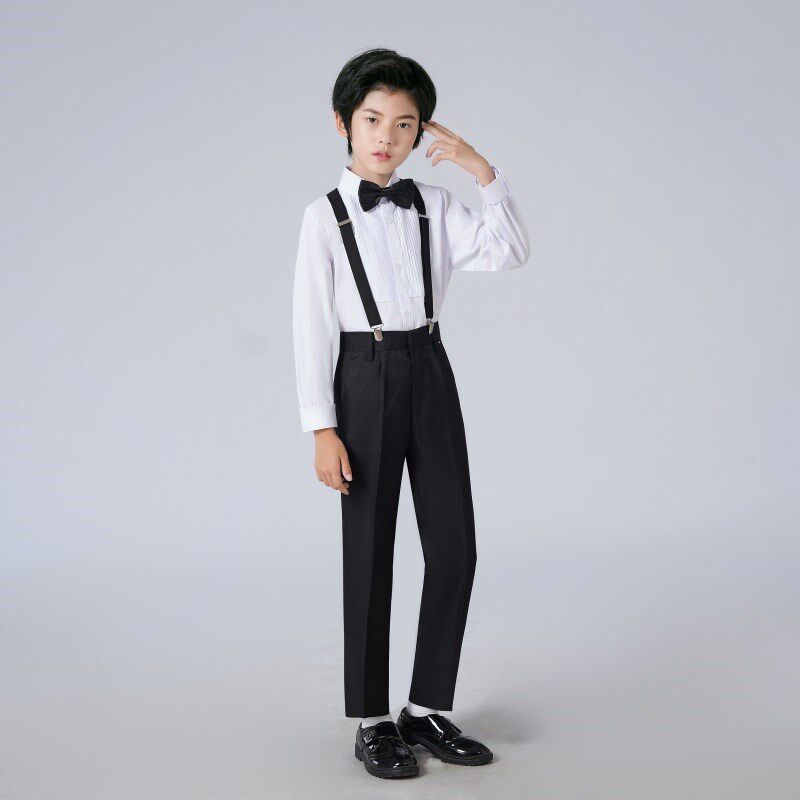 六一儿童男童礼服白色小学衬衣黑色裤子背带套装主持合唱演出表演