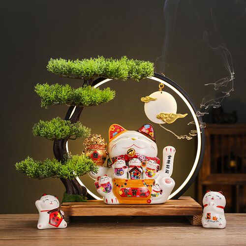 创意自动摇手招财猫陶瓷灯圈摆件店铺前台收银台家居装饰开业送礼