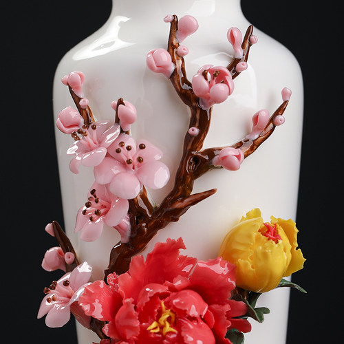 东方泥土《牡丹梅花瓶》新中式手工陶瓷花摆件客厅书房博古架装饰