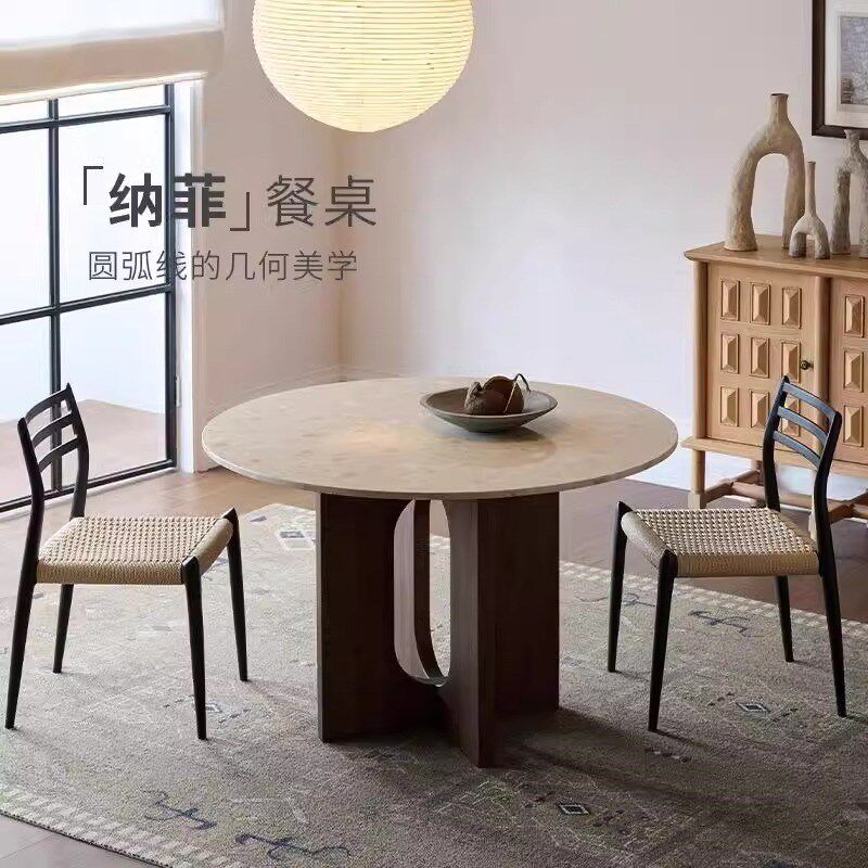 维可/中古风餐桌圆形白蜡木实木桌子小户型法式复古水磨石餐桌椅