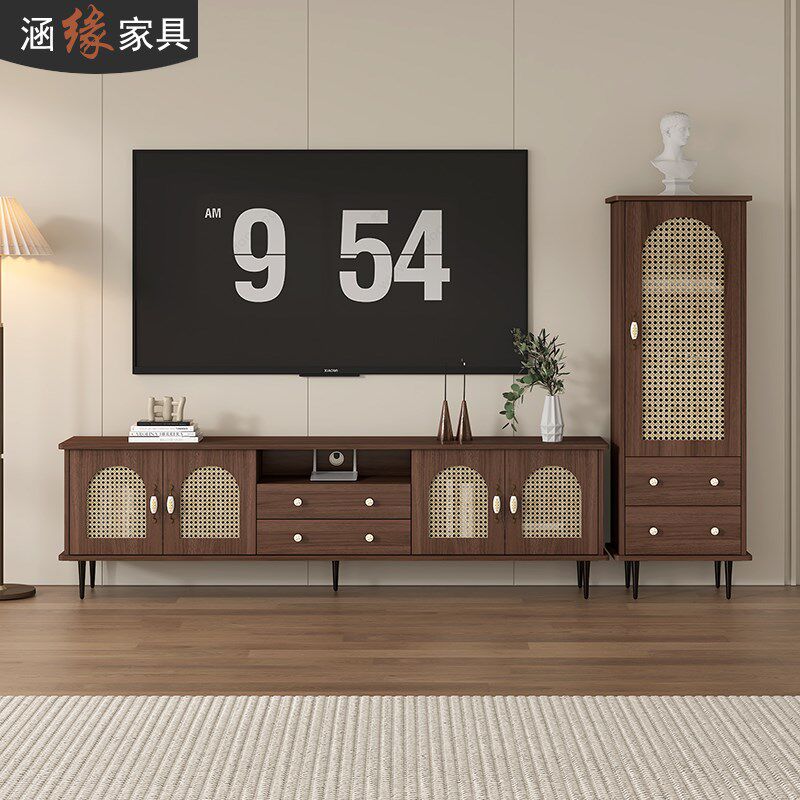 复古仿藤编电视柜中古客厅家用边柜电视机柜组合收纳储物柜7D116