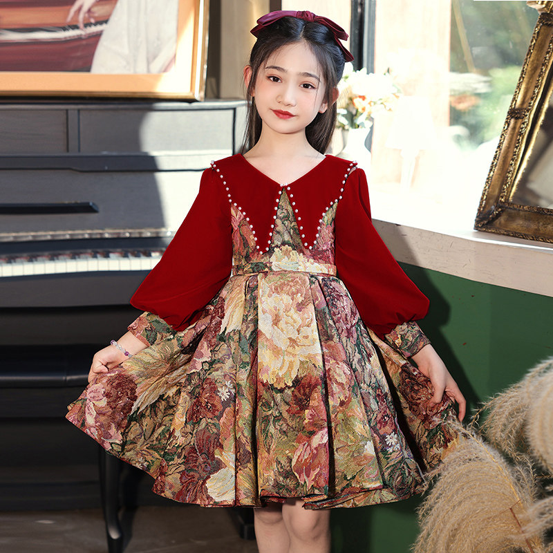 女童生日公主裙儿童高端礼服花童红色小女孩主持人钢琴演出服冬季