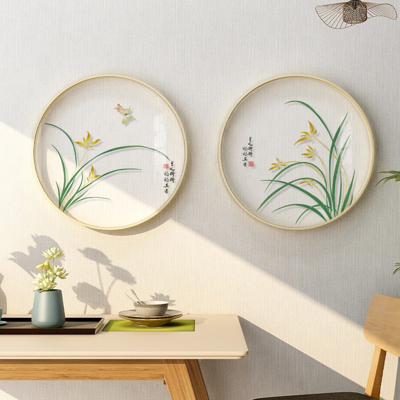 起贝 圆形兰花挂画新中式餐厅装饰画饭厅透明画客厅背景墙面壁画