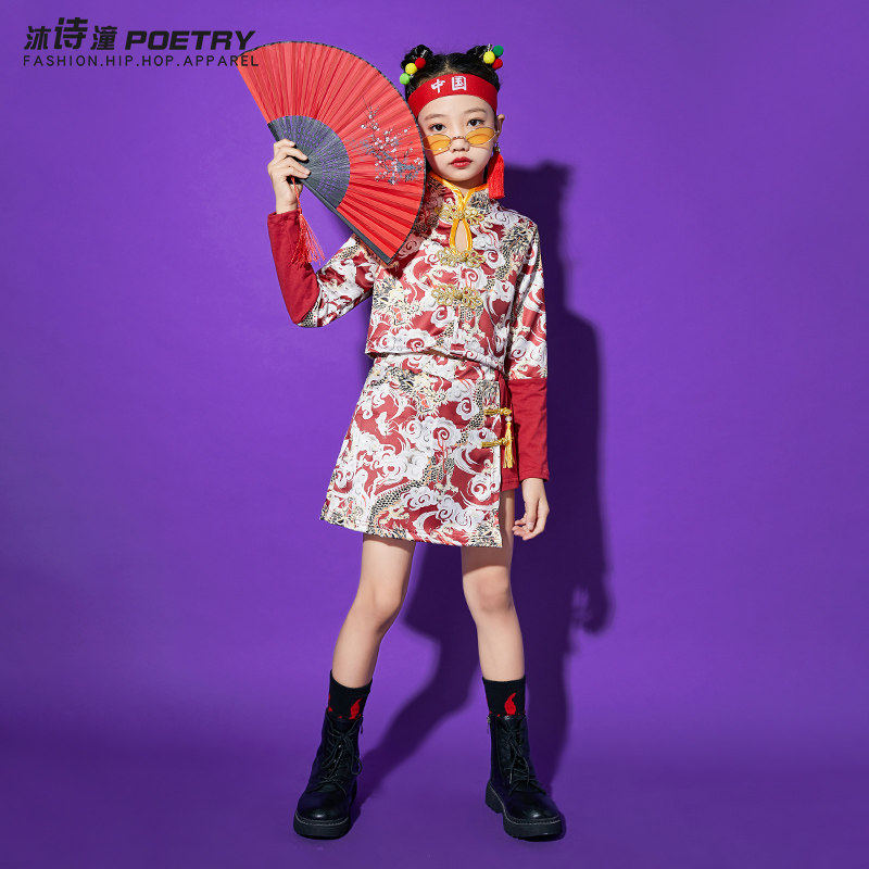 国庆儿童啦啦队演出服小学生男童女童唐装旗袍国风服装国风表演服