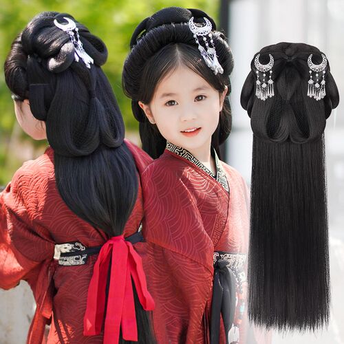 儿童汉服假发女魏晋风战国袍发髻盘发发包古风一体式全套头饰垫发
