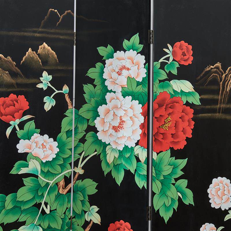 中式彩绘漆画屏风花开富贵牡丹山水酒店家居手绘隔断大堂背景装饰