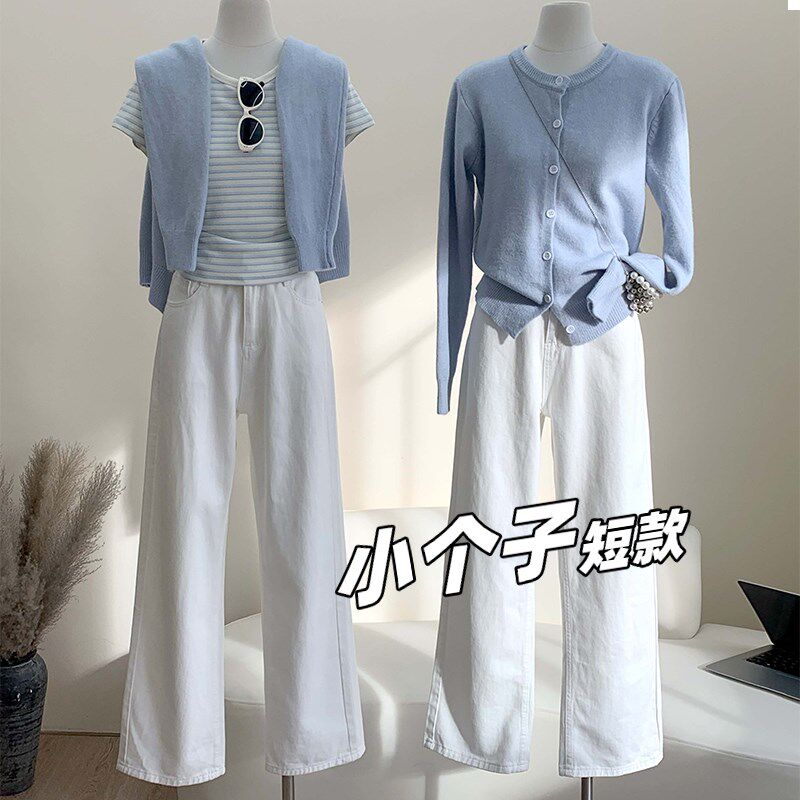 小个子裤子150百搭白色九分阔腿裤女高腰宽松牛仔裤窄版直筒长裤