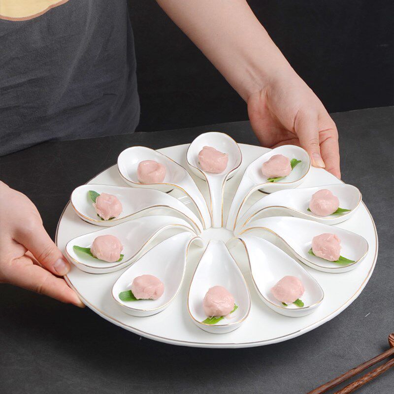 陶瓷火锅丸子盘虾滑盘子中式意境菜餐具陶瓷十格小吃盘陶瓷冷菜碟