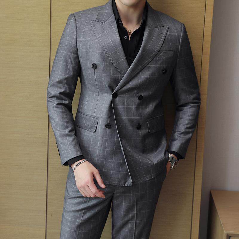 男士新郎结婚宴会晚礼服双排扣格子西装套装修身大码西服两件套男