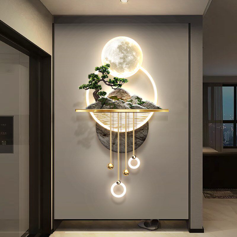 3d立体浮雕玄关装饰画流水生财走廊尽头迎客松山水挂画led壁画灯