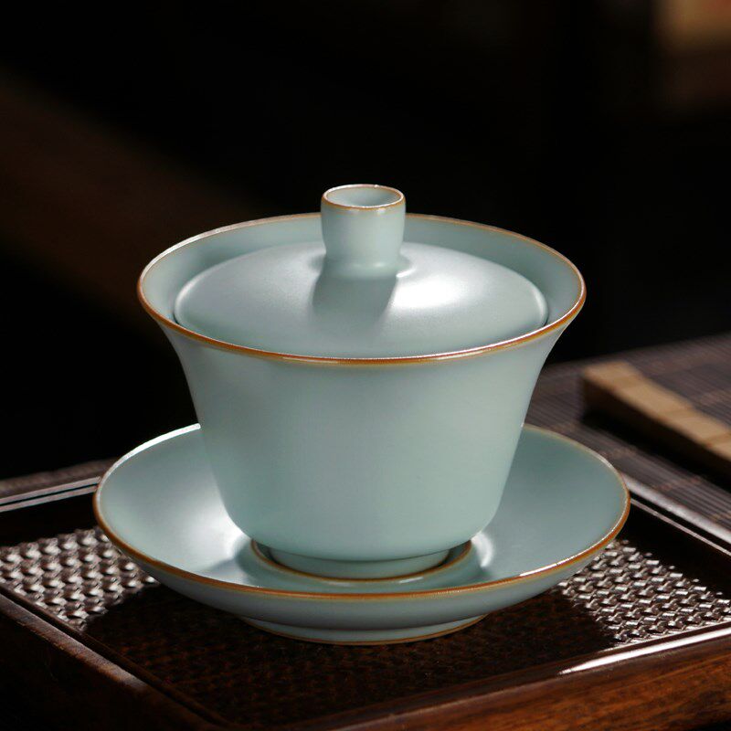 汝窑自乐盖碗茶杯家用景德镇陶瓷小号泡茶碗复古手工瓷器青瓷礼品
