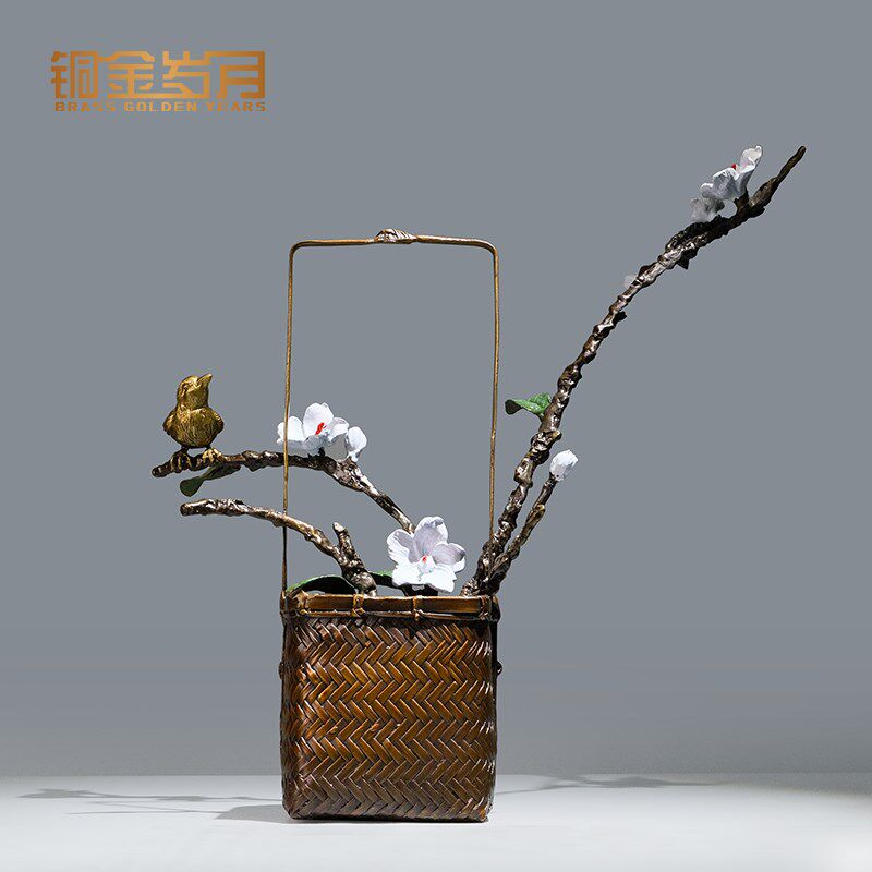 《喜鹊花篮》铜金岁月黄铜摆件工艺品铜器新中式客厅玄关酒柜装饰