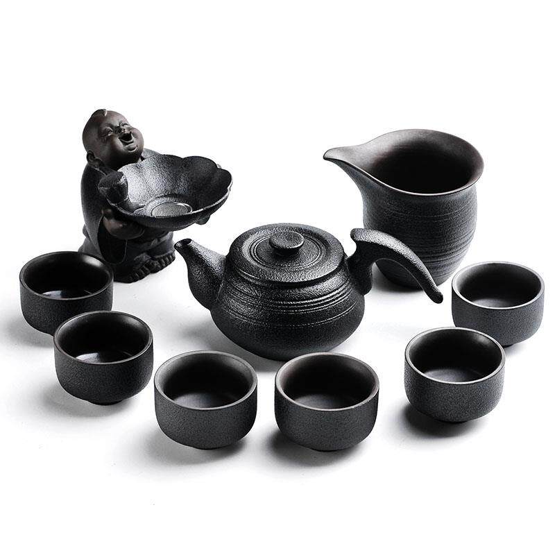 日式禅风黑陶茶具套组黒色覆古陶土功夫茶具粗陶日式带过滤器