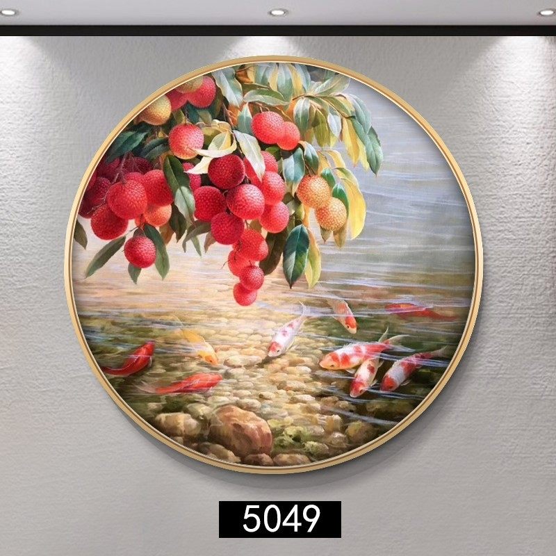 油画九鱼图荔枝玄关圆形装饰画餐厅客厅轻奢壁画新中式挂画入定做