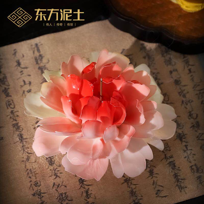 陶瓷芍药花花朵摆件釉下彩手工捏花新中式办公室茶室桌面香插装饰