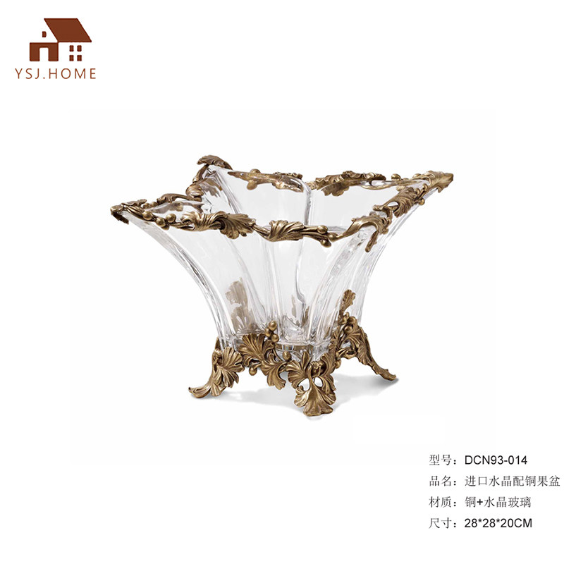 水晶玻璃花瓶透明轻奢客厅创意插花欧式花瓶水晶配铜镶铜花插摆件