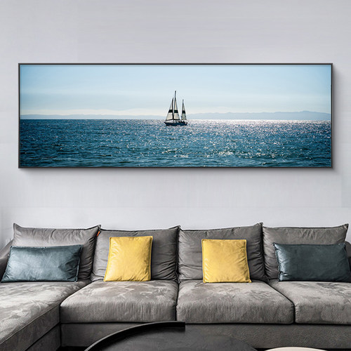 一帆风顺帆船装饰画大海浪花蓝色横版卧室床客挂画头厅沙发背景画
