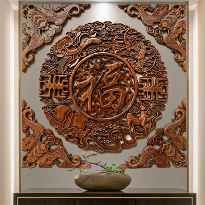 东阳木雕挂件樟木装饰画工艺品中式客厅卧室玄关过道福字角花壁挂