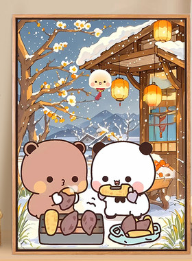 新款一二布布秋冬日温馨可爱DIY数字油彩手绘卡填涂通色油画画画