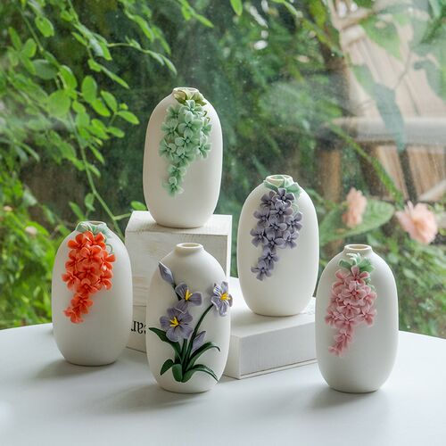 德装白瓷素烧陶瓷花器中式家居手工手捏花瓶餐桌面培饰品水化摆件