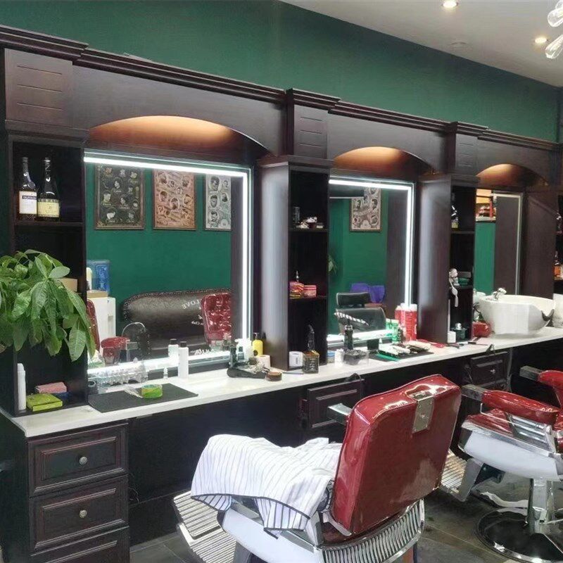 理发店镜台男士复古油头馆Barber专用镜台高端美发店剪发烫染镜子