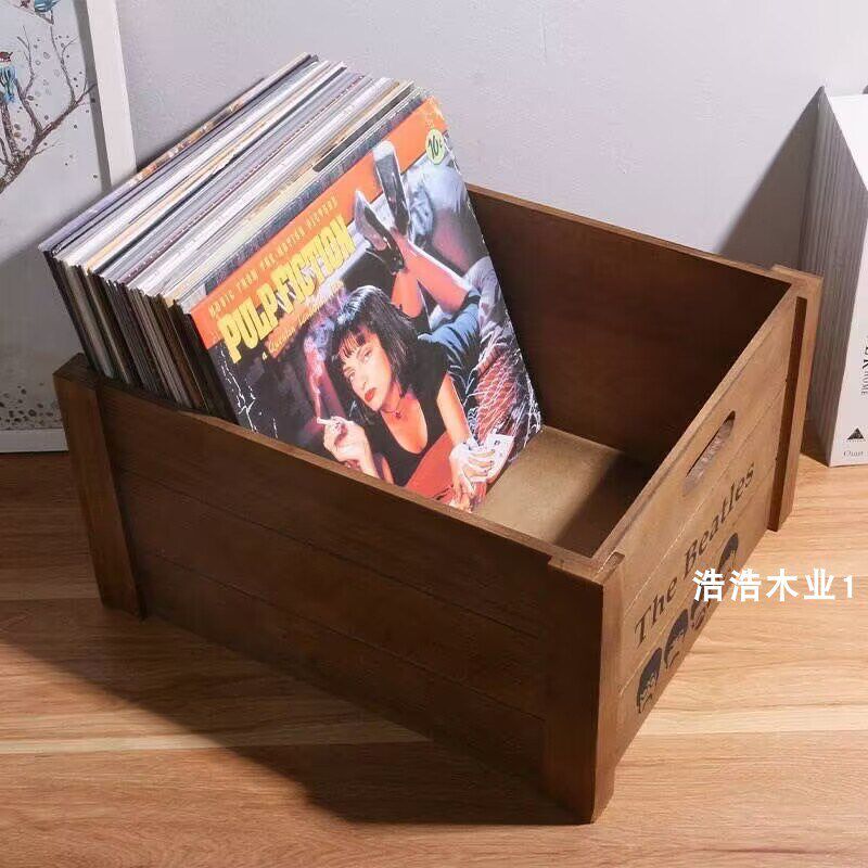 木制黑胶唱片胶纳箱1收寸LP木箱复古黑2储藏盒老唱片CD光盘整理箱