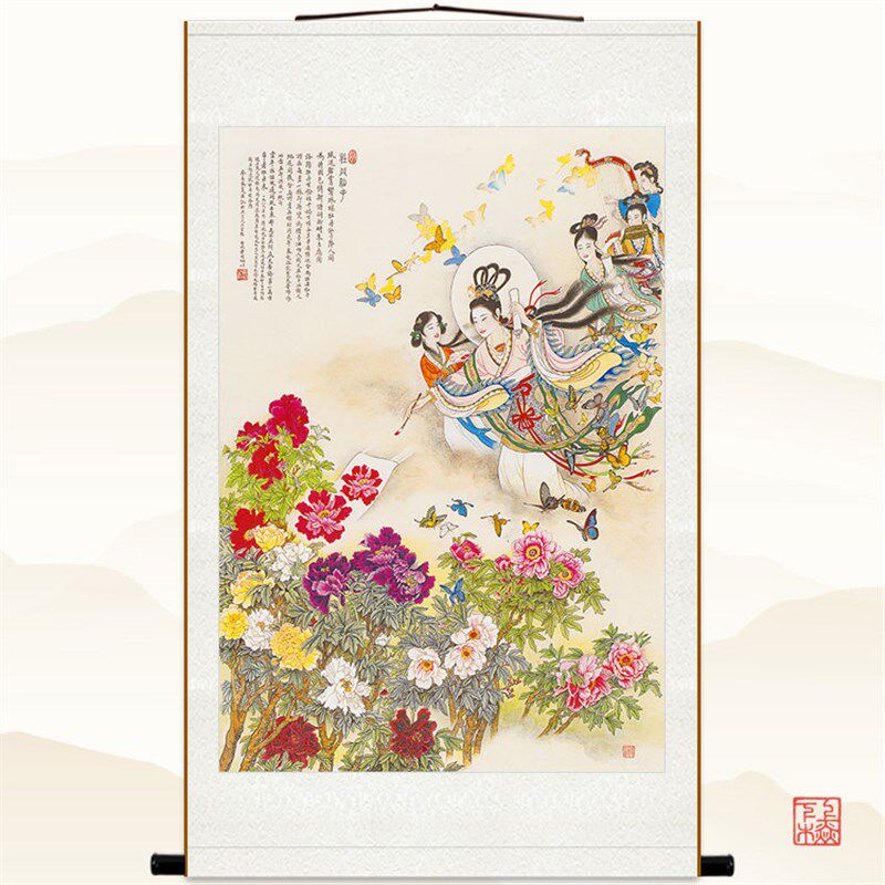 牡丹仙像图人图画子 仙女绢布卷轴挂画复古装饰画 来物定制订做
