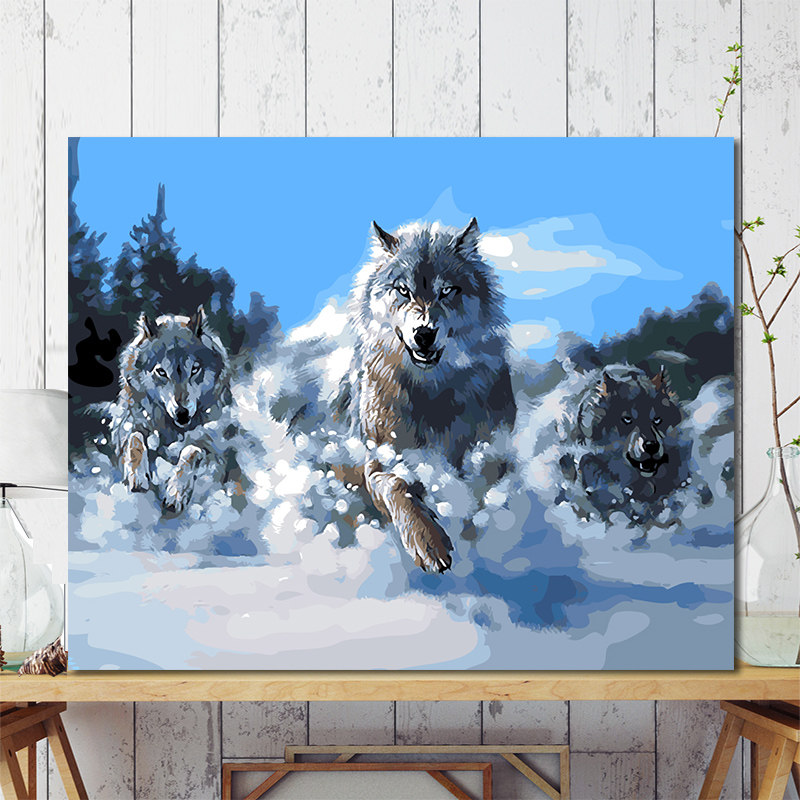 diy数字油画动物风景定制客约简厅减压手工填充油狼装饰画雪彩头