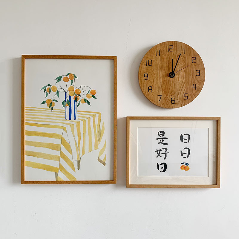 原木风橙子花照片墙日日是好日组合画实木壁钟饭厅有框画客厅挂画