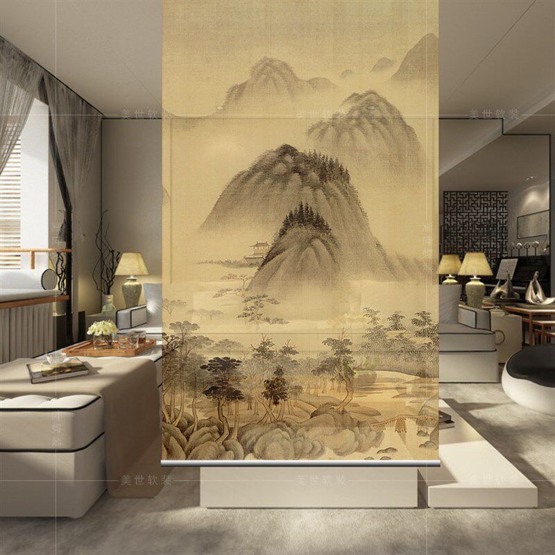 新中式挂式屏风隔断玄关帘软隔断时尚客厅玄关挂屏卷帘【山水5】