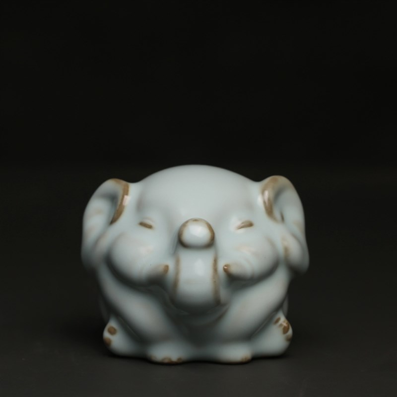汝窑吉象卡通大象开片茶宠可养茶玩猛犸象摆件小摆设厚重纸镇家居