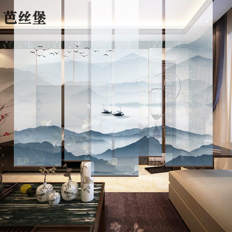 中式悬挂式软屏风隔断帘卧室卷帘窗帘布拉帘画风景防晒客厅办公室