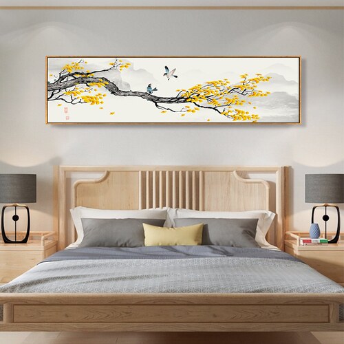定制新中式房间壁画主卧床头挂画卧室背景墙禅意大气画横幅客厅装