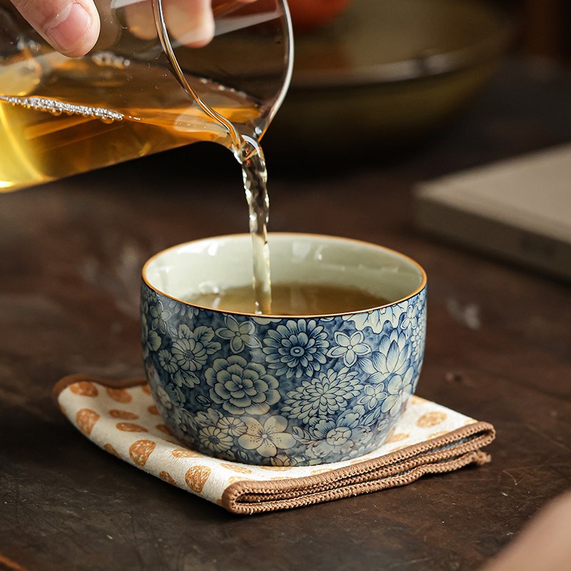 老陶泥手工青花功夫茶杯主人杯高档个人专用中式家用仿古单只茶盏