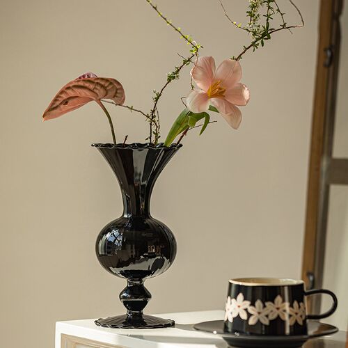 MONAZONE中古黑硝子花瓶摆件客厅插花高级玻璃法式复古小众间花器